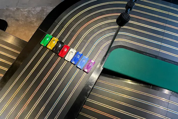 Giant 8 lane slot racing track top view
